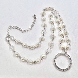 Jeweled Encrusted Circle Pendant Faux Pearl Beaded Silver Tone 16” Necklace